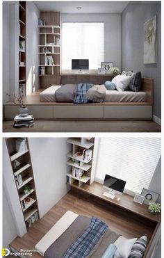 there are two pictures of a small bedroom with bed and desk in the same room