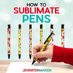 a person writing on a piece of paper with pens in front of them and the title how to sublimate pens