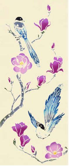 two birds sitting on a branch with purple flowers and leaves painted on it's back