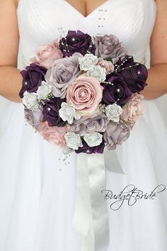 a bride holding a bouquet of flowers in her hands and wearing a white dress with purple accents