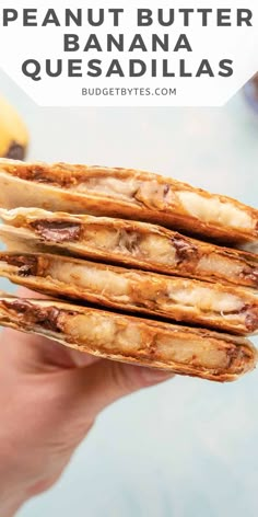 a person holding some food in their hand with the words, how to make homemade peanut butter quesadillas