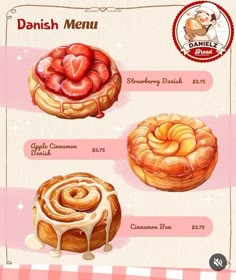 the menu for danish desserts is shown with different toppings and flavors on it