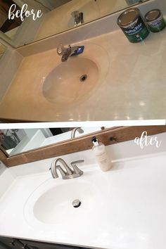 before and after shot of a bathroom sink with the counter top being painted white, while the rest of the vanity is covered in chalk paint