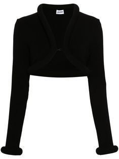 black knitted construction fine ribbed padded trim V-neck long sleeves cropped front hook and eye fastening City Dress, Jean Paul, Cropped Cardigan, Summer Beach Wear, Knitwear Cardigan, Jean Paul Gaultier, Black Knit, Black Cardigan, Ski Wear