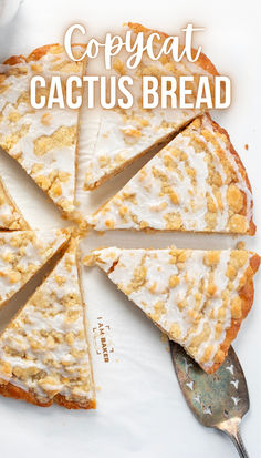 a close up of a cake on a plate with the words copycat cactus bread