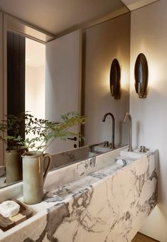 a bathroom with marble counter tops and two sinks in front of the mirror, along with a potted plant