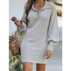 Season:Winter,Fall; Fabric:Knit; Sleeve Length:Long Sleeve; Look After Me:Machine wash; Gender:Women's; Style:Warm,Fashion,Knitwear,Casual; Elasticity:Micro-elastic; Occasion:Daily,Casual,Going out,Outdoor; Fit Type:Loose Fit; Dresses Type:Sweater Dress,Jumper Dress,Winter Dress,Casual Dress,Knit Dress; Pattern:Pure Color; Neckline:V Neck; Front page:FF; Listing Date:08/18/2023; Production mode:External procurement; 2024 Trends:2023; Bust:; Length:; Fit US Size:; Fit UK Size:; Fit EU Size:; Dress Length Type:Mini Dress Lantern Sleeve Sweater, Pull Oversize, Solid Sweaters, Winter Pullover, Estilo Chic, Puff Sleeve Dresses, Sweater Dress Women, Mid Length Skirts, Loose Sweater