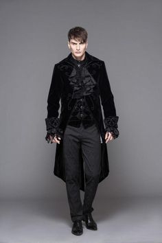 Gothic Male Outfit, Goth Coat, Oc Clothes, Steampunk Coat, Long Black Blazer, Black Velvet Coat, Vampire Fashion, Season Art, Groom Tux