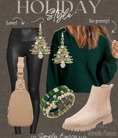 Christmas Season Outfits Casual, Business Casual Christmas Outfit, Holiday 2024 Outfits, Green Sweater Outfit Winter, Casual Christmas Outfits, Christmas Sweater Outfit, Balarina Nails, Christmas Outfit Inspiration, December Outfits