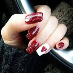 Gorgeous Valentines Nails! Red Heart Nails, Valentines Nail Art Designs, Gel Nails Long, Red And White Nails, Nails Valentines, Valentine Nail Art, Nail Designs Valentines, Easy Nails, Pretty Nail Art Designs