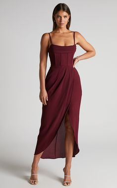 Andrina Midi Dress - High Low Wrap Corset Dress in Wine | Showpo USA Corset Midi Dress, Dresses Australia, Looks Black, Bustiers