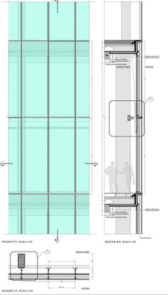 an architectural drawing shows the interior and exterior view of a building with glass walls, windows, and metal railings