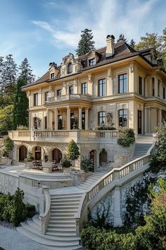 a large house with stairs leading up to it