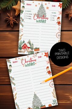 two printable christmas wish list on top of a wooden table next to an orange pencil