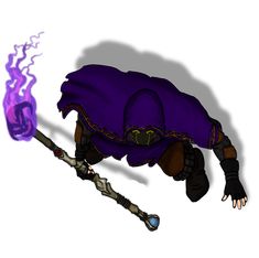 a drawing of a person with purple hair holding a stick and wearing a purple outfit