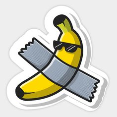 a sticker depicting a banana with sunglasses on it's head and an object in the background