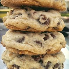 chocolate chip cookies stacked on top of each other