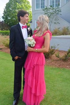 Hot Pink Long Prom Dresses A-line Tulle Tiered Pom Dress Ideas Poses Boyfriend, Pink Long Prom Dresses, Prom 23, Preppy Formal, Prom Pics, Tulle Prom Dresses, Pom Pom Dress, Prom 2023, Preppy Prom