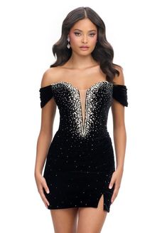 ASHLEYlauren Dress 4711 Elegance and class meet fun and flirty! We paired this velvet off-shoulder cocktail dress with a heavily jeweled plunging V-Neckline and a lace-up back - perfect for any occasion.