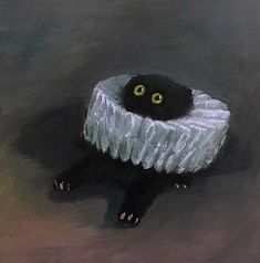 a painting of a black cat in a white bowl with yellow eyes on the floor