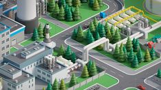 an industrial area with trees and buildings in the foreground is depicted in this illustration