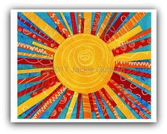 the sun with many different colors and patterns on it, as well as an abstract background