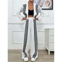 -Item Id 42449775 -Details: Split, Zipper, Side Stripe -Neckline: Hooded -Sleeve Type: Regular Sleeve -Style: Casual -Color: White -Pattern Type: Colorblock, Striped -Outerwear Length: Regular -Pants Length: Long -Outerwear Sleeve Length: Long Sleeve -Outerwear & Pants Material: Fabric -Top Type: Jackets -Outerwear & Pants Composition: 70% Cotton, 25% Viscose, 5% Elastane -Bottom Type: Pants -Pants Body: Unlined -Temperature: Spring/Fall (18-25/63-77) -Fit Type: Regular Fit -Fabric: Non-Stretch Sporty White Sets For Spring, Long Outerwear, Minimalist Top, Pantsuits For Women, Long Sleeve Outerwear, Pants Casual, Classy Chic, Side Stripe, Pants Length