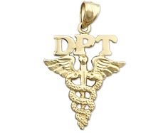 Let this 14k gold dpt doctor physical therapy caduceus charm pendant be your next addition to your medical jewelry collection with its irresistible appeal. The pendant is crafted with a polished finish and features a flat back design; it measures 13/16" wide by 7/8" high and weighs approximately 1.9 grams.  SKU# 4712  IMPORTANT NOTE: This pendant is handmade to order. It will be shipped within 5-7 business days or sooner, regardless of the shipping method! -- AVAILABILITY -- * Made-to-Order * FREE First Class Mail Shipping  * Chain NOT Included * Jewelry Box Included -- SPECIFICATIONS -- * Weight: 1.9 grams  * Width: 20MM - 13/16"  * Height: 22MM - 7/8"  -- DETAILS -- * Finish: Polish  * Backside: Flat  * Made in the USA  -- METAL -- * 14K Stamped * 14-Karat Solid Gold (NOT Plated)  * 14K Medical Jewelry, Fine Jewellery Necklace, Physical Therapy, Jewelry Plate, Charm Pendant, Custom Jewelry, Or Rose, Solid Gold, Jewelry Box