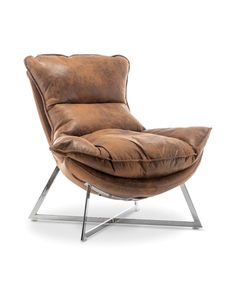 a brown leather chair sitting on top of a metal frame