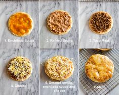 the steps to make homemade cheese pizzas on a wire cooling rack, with instructions for how to bake them