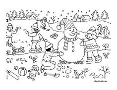 a black and white drawing of children playing in the snow