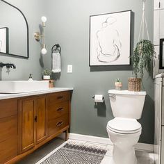 a white toilet sitting in a bathroom next to a wooden cabinet and sink under a mirror