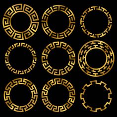 a set of nine golden circular frames with greek ornament designs on a black background