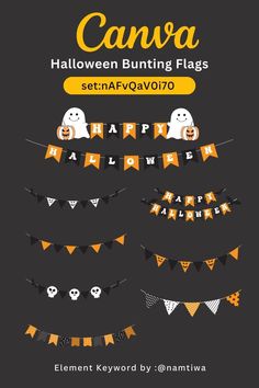 halloween bunting flags with ghost and pumpkins hanging from the top, on a black background