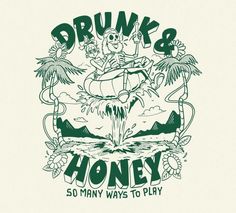 the logo for drunk and honey, which features an image of a man on a surfboard