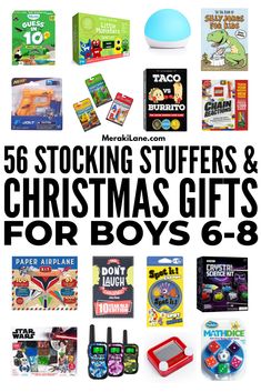 christmas gifts for boys and girls with text overlay reading 50 stocking stuffers & christmas gifts for boys 6 - 8