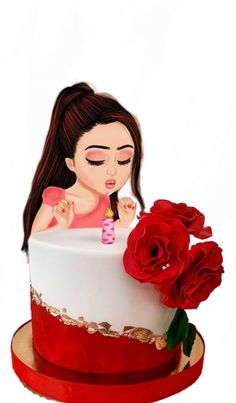 a woman blowing out the candle on her birthday cake with roses in front of her