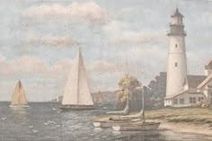 an old painting of sailboats in the water near a light house with a lighthouse