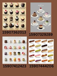 four different types of cakes and pastries are shown in three separate pictures, each with their own name