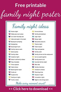 a family night poster with the text, free printable family night posters