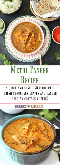 the recipe for methi paneer is shown in two different bowls, one with rice and