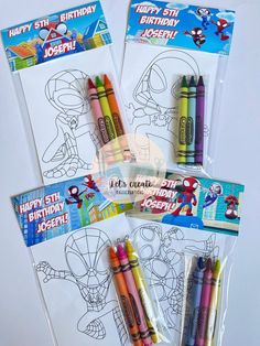 three coloring pages with markers and crayons in them