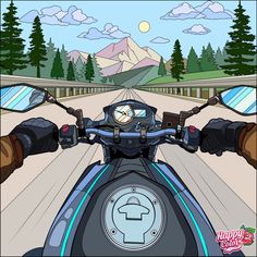 a motorcycle is driving down the road with mountains in the background and trees on both sides