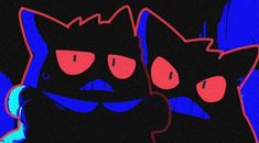 two black cats sitting next to each other on a blue and pink background with red eyes