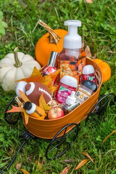 an orange wagon filled with personal care items on the grass next to pumpkins and gourds