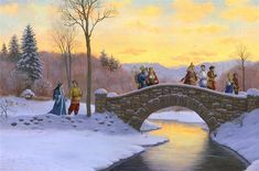 a painting of people crossing a bridge in the snow