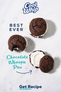 three chocolate whoopie pies on a marble counter top with the words best ever