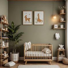 a baby's room with green walls and wooden furniture