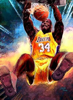 a painting of a basketball player dunking the ball in the air with his hands