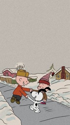 a cartoon character playing with a dog in the snow